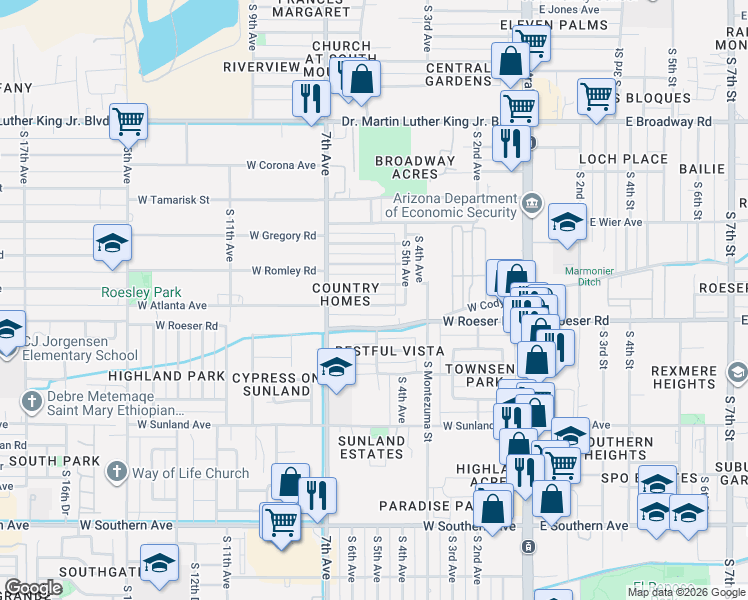 map of restaurants, bars, coffee shops, grocery stores, and more near 526 West Atlanta Avenue in Phoenix