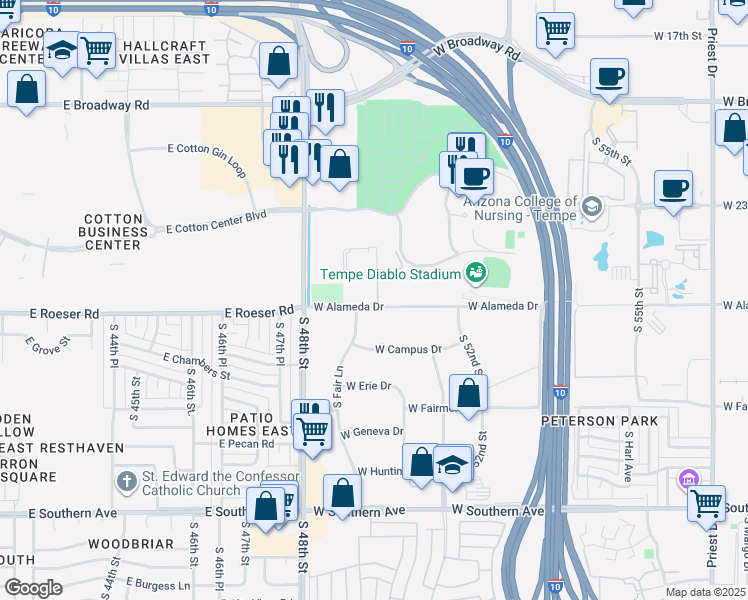map of restaurants, bars, coffee shops, grocery stores, and more near 2206 West Alameda Drive in Tempe