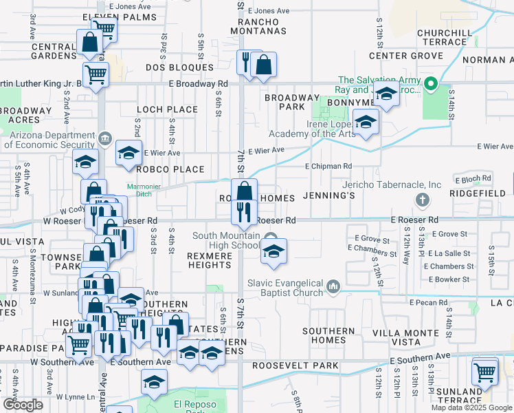 map of restaurants, bars, coffee shops, grocery stores, and more near 717 East Atlanta Avenue in Phoenix