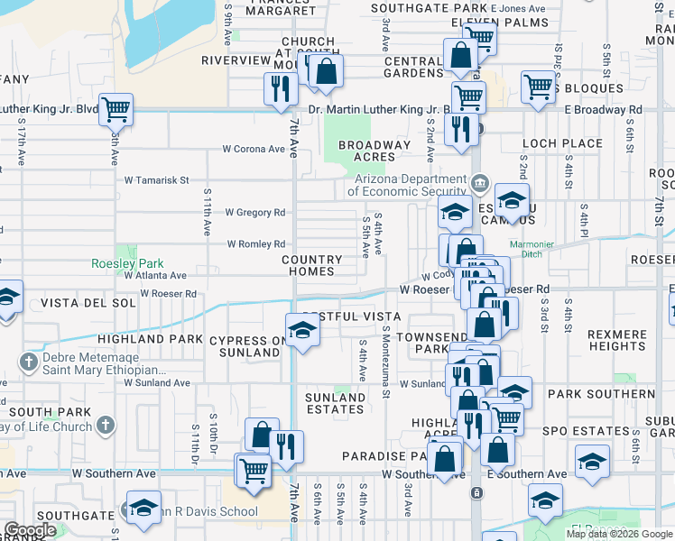map of restaurants, bars, coffee shops, grocery stores, and more near 526 West Atlanta Avenue in Phoenix