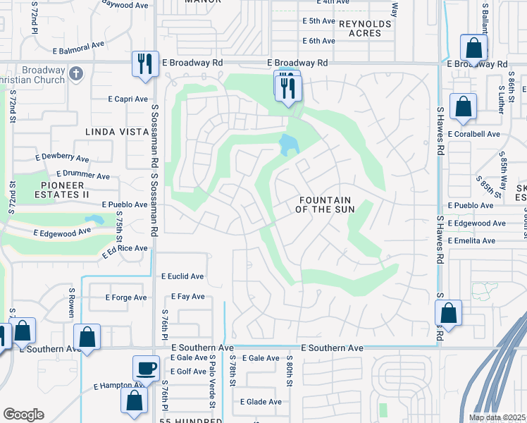 map of restaurants, bars, coffee shops, grocery stores, and more near 738 South Arrowwood Way in Mesa