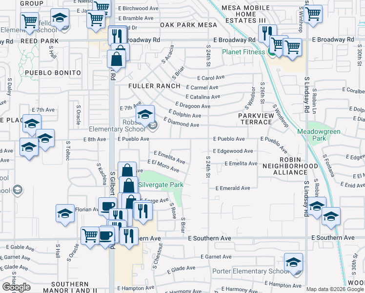 map of restaurants, bars, coffee shops, grocery stores, and more near 2263 East Pueblo Avenue in Mesa