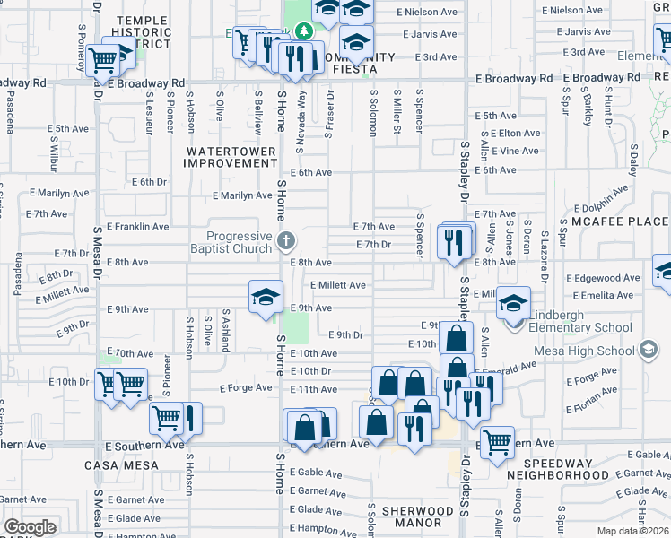 map of restaurants, bars, coffee shops, grocery stores, and more near 913 East 8th Avenue in Mesa