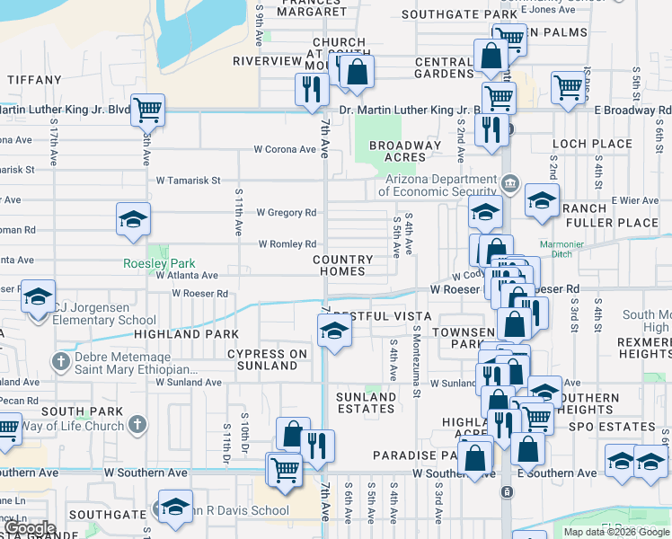 map of restaurants, bars, coffee shops, grocery stores, and more near 638 West Atlanta Avenue in Phoenix