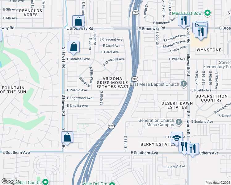 map of restaurants, bars, coffee shops, grocery stores, and more near 8631 East Pueblo Avenue in Mesa