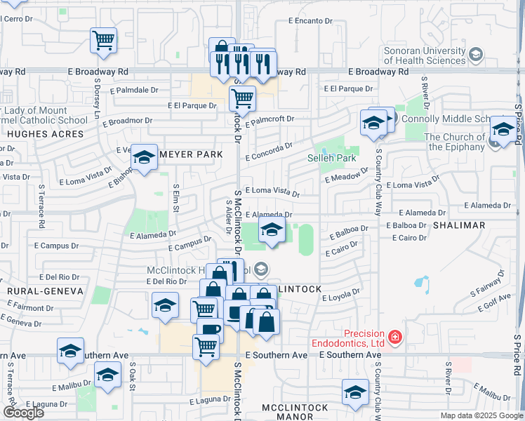 map of restaurants, bars, coffee shops, grocery stores, and more near 1824 East Alameda Drive in Tempe