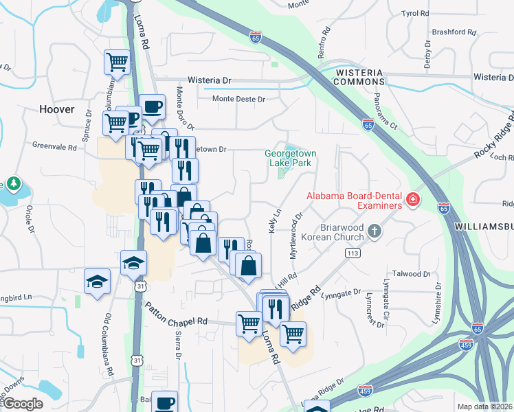 map of restaurants, bars, coffee shops, grocery stores, and more near 3200 Daphne Lane in Birmingham