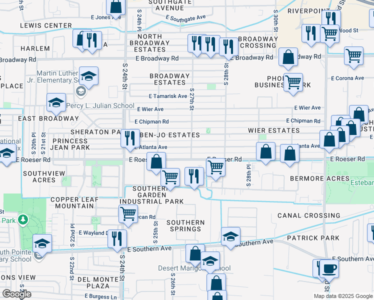 map of restaurants, bars, coffee shops, grocery stores, and more near 2559 East Atlanta Avenue in Phoenix