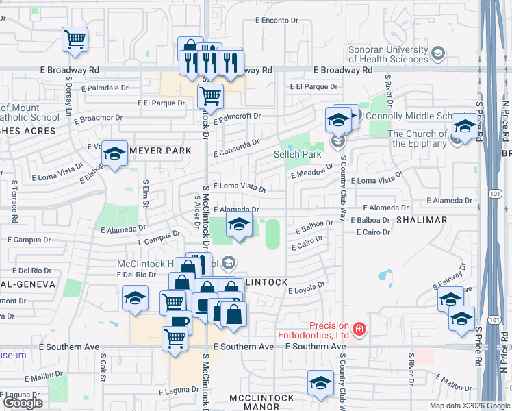 map of restaurants, bars, coffee shops, grocery stores, and more near 1858 East Alameda Drive in Tempe