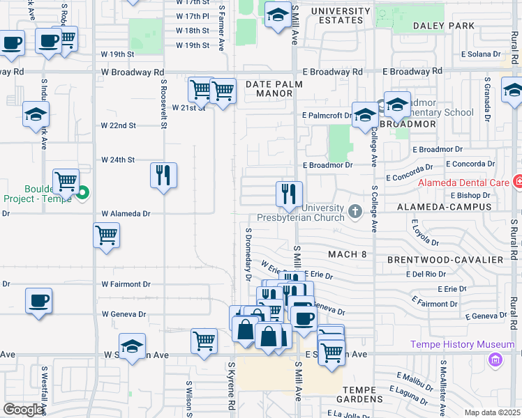 map of restaurants, bars, coffee shops, grocery stores, and more near 102 West Alameda Drive in Tempe