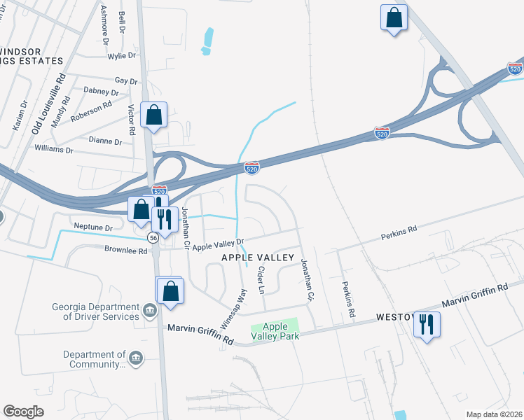 map of restaurants, bars, coffee shops, grocery stores, and more near 3611 Jonathan Circle in Augusta