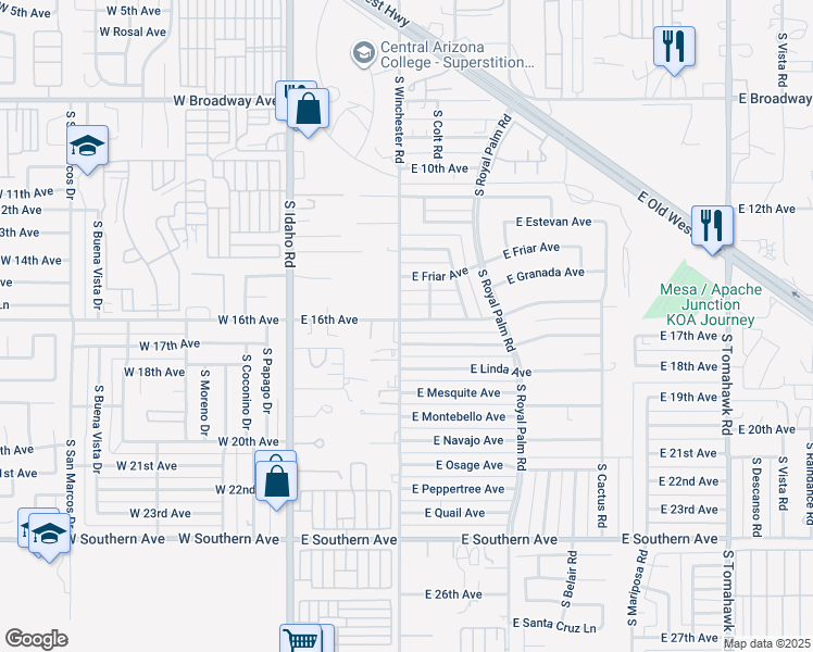 map of restaurants, bars, coffee shops, grocery stores, and more near 1635 South Winchester Road in Apache Junction