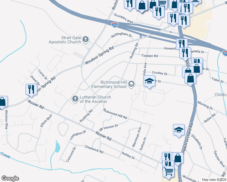 map of restaurants, bars, coffee shops, grocery stores, and more near 3428 Rushing Road in Augusta