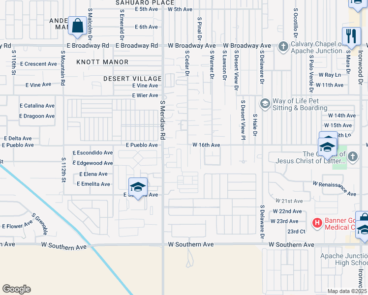 map of restaurants, bars, coffee shops, grocery stores, and more near 1630 South Cedar Drive in Apache Junction