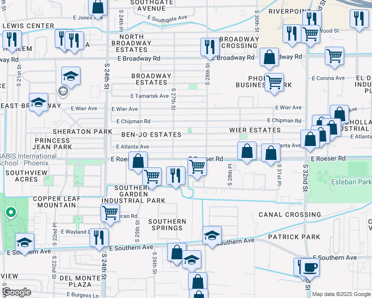 map of restaurants, bars, coffee shops, grocery stores, and more near 2727 East Atlanta Avenue in Phoenix