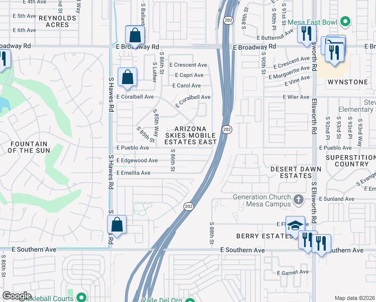 map of restaurants, bars, coffee shops, grocery stores, and more near 8631 East Pueblo Avenue in Mesa