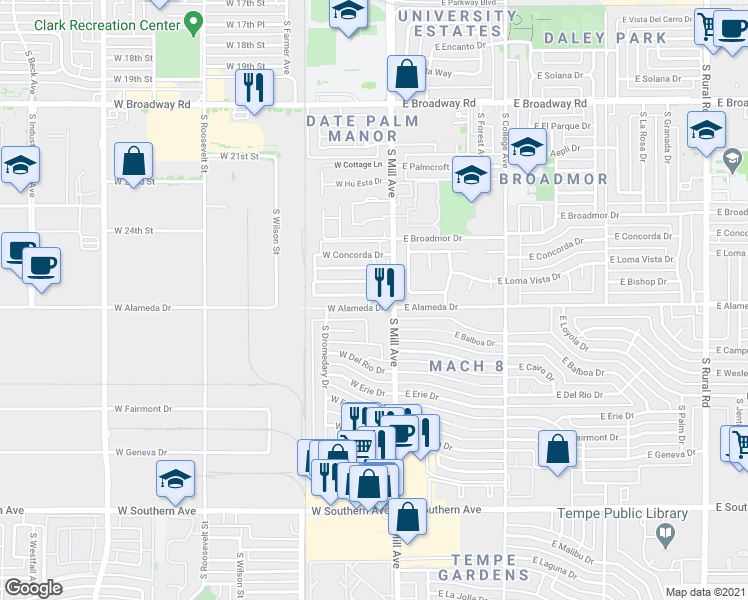 map of restaurants, bars, coffee shops, grocery stores, and more near 12 West Alameda Drive in Tempe