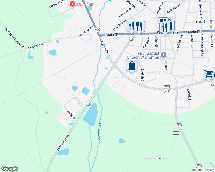 map of restaurants, bars, coffee shops, grocery stores, and more near 176 Parham Street Extension in Warrenton