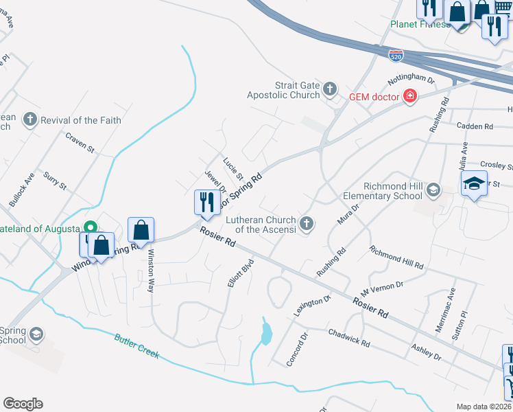map of restaurants, bars, coffee shops, grocery stores, and more near 2342 Windsor Spring Road in Augusta