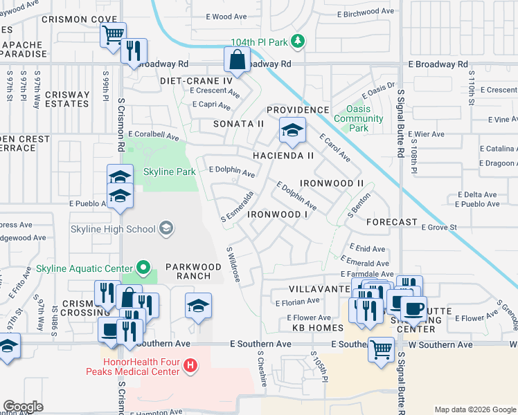 map of restaurants, bars, coffee shops, grocery stores, and more near 765 South Esmeralda in Mesa