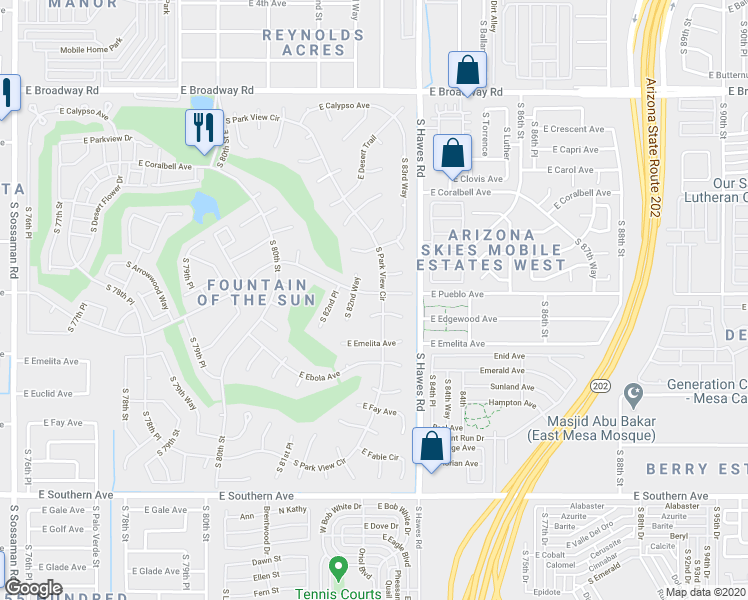 map of restaurants, bars, coffee shops, grocery stores, and more near 8261 East Pueblo Avenue in Mesa