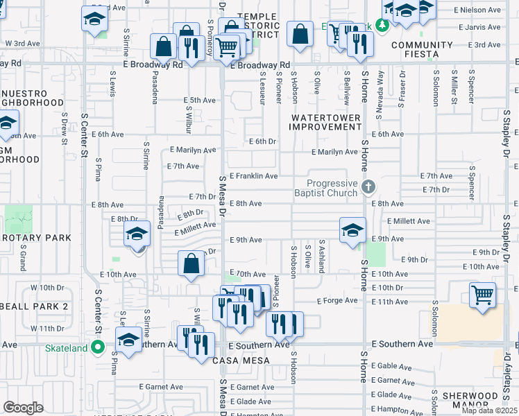 map of restaurants, bars, coffee shops, grocery stores, and more near 519 East 8th Avenue in Mesa