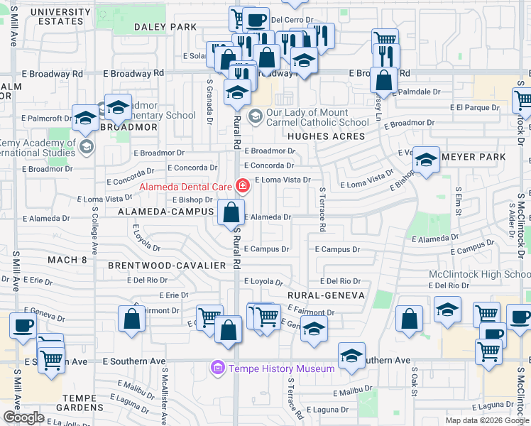 map of restaurants, bars, coffee shops, grocery stores, and more near 2616 South Bonarden Lane in Tempe