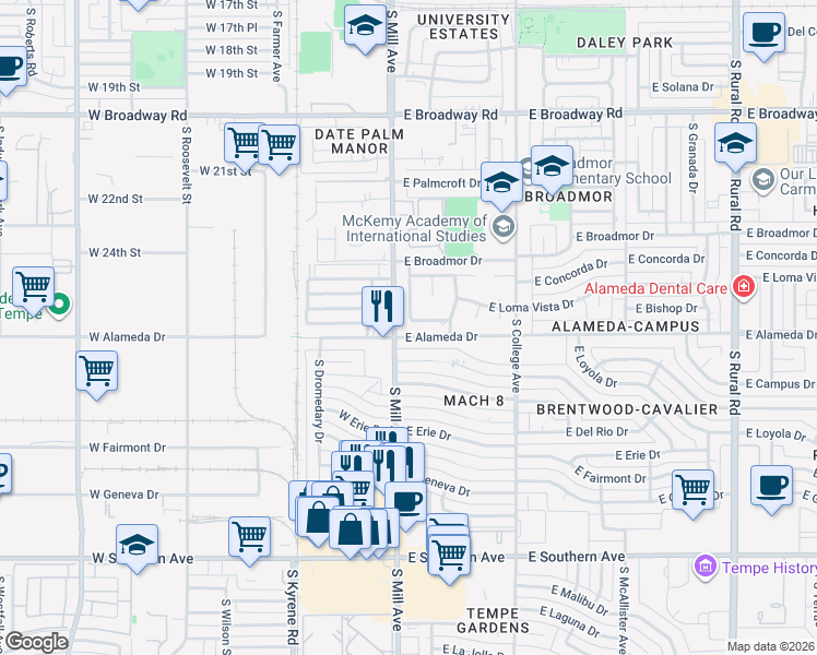 map of restaurants, bars, coffee shops, grocery stores, and more near 7 East Bishop Drive in Tempe