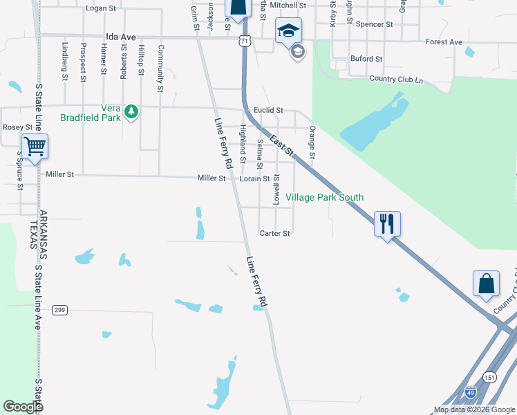 map of restaurants, bars, coffee shops, grocery stores, and more near 1402 Betty Street in Texarkana