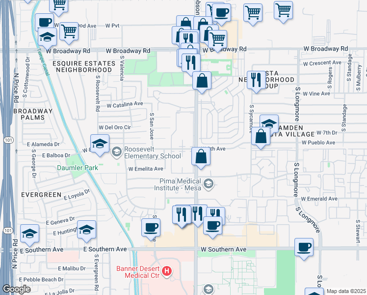 map of restaurants, bars, coffee shops, grocery stores, and more near 720 Skyview Mesa II Apartments in Mesa