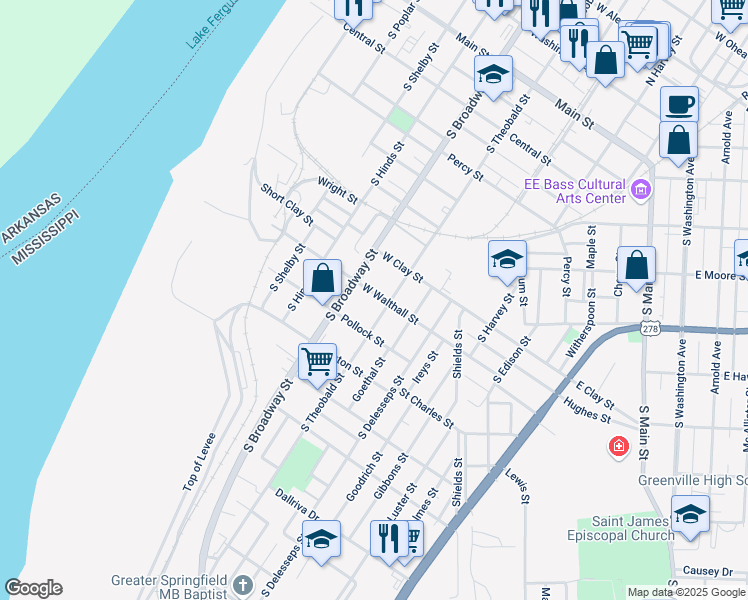 map of restaurants, bars, coffee shops, grocery stores, and more near 631 West Walthall Street in Greenville