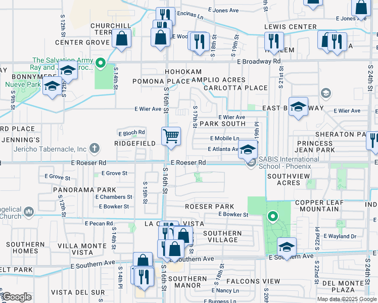 map of restaurants, bars, coffee shops, grocery stores, and more near 5022 South 17th Street in Phoenix