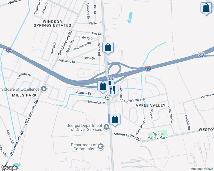 map of restaurants, bars, coffee shops, grocery stores, and more near 1921 Neptune Drive in Augusta