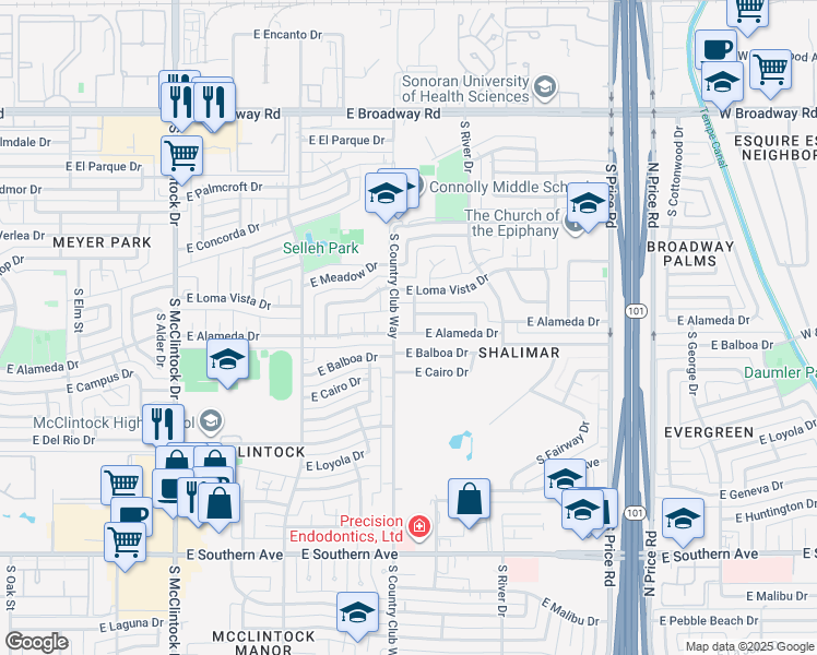map of restaurants, bars, coffee shops, grocery stores, and more near 2632 South Fairfield Drive in Tempe