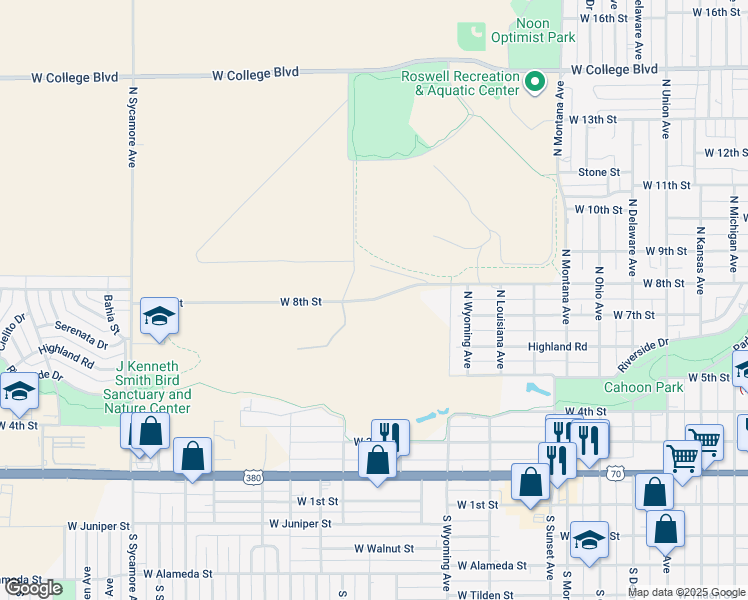 map of restaurants, bars, coffee shops, grocery stores, and more near West 8th Street in Roswell