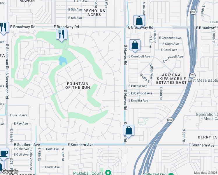 map of restaurants, bars, coffee shops, grocery stores, and more near 8261 East Pueblo Avenue in Mesa