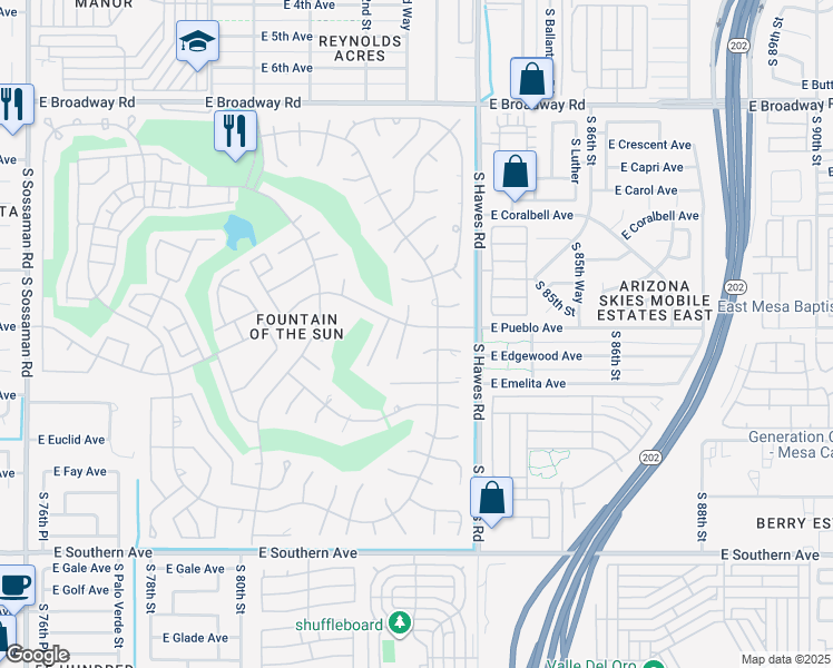map of restaurants, bars, coffee shops, grocery stores, and more near 8261 East Pueblo Avenue in Mesa