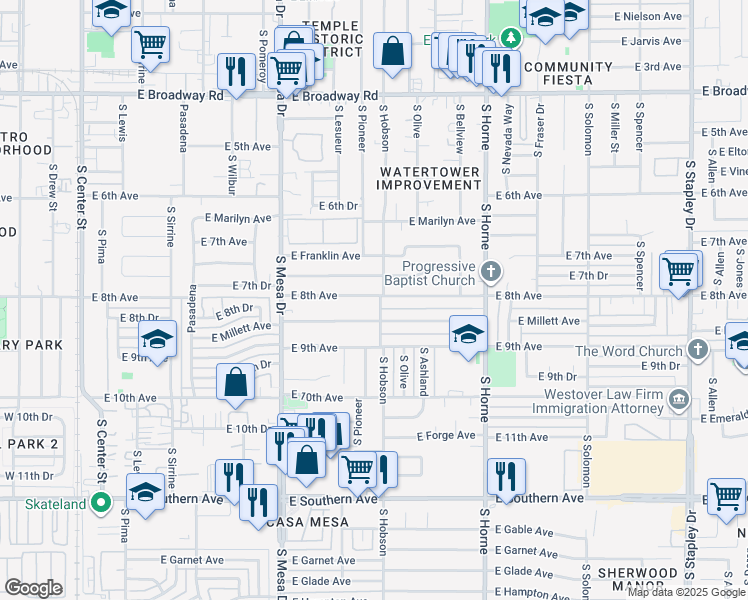 map of restaurants, bars, coffee shops, grocery stores, and more near 555 East 8th Avenue in Mesa