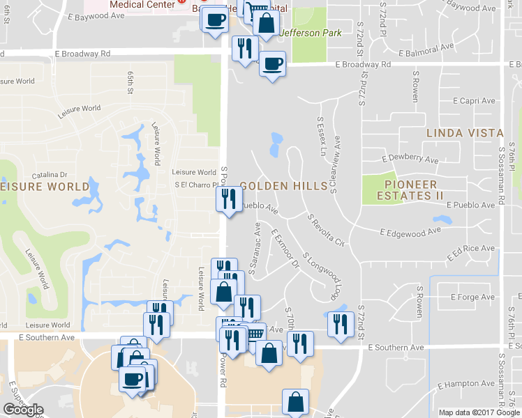 map of restaurants, bars, coffee shops, grocery stores, and more near 801 South Saranac Avenue in Mesa