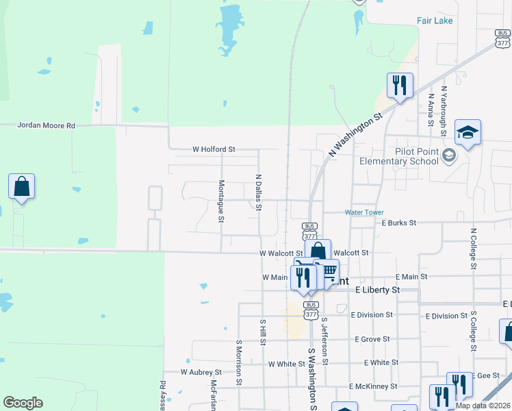map of restaurants, bars, coffee shops, grocery stores, and more near 315 West Broad Street in Pilot Point
