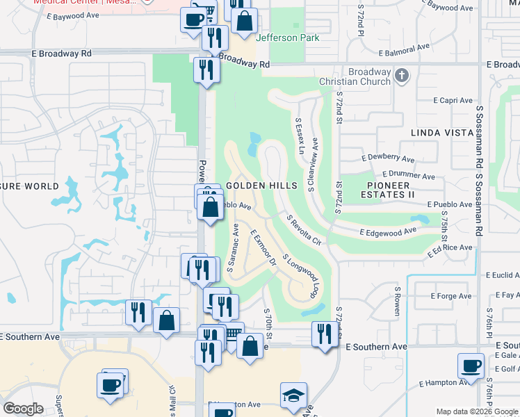 map of restaurants, bars, coffee shops, grocery stores, and more near 6926 East Pueblo Avenue in Mesa