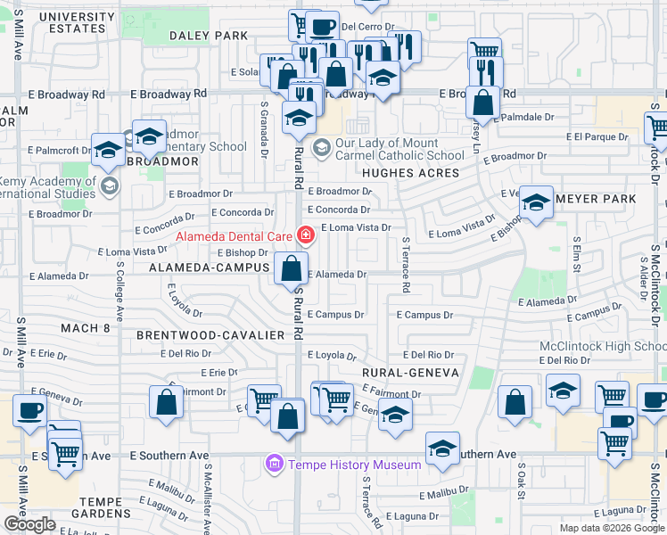 map of restaurants, bars, coffee shops, grocery stores, and more near 2616 South Bonarden Lane in Tempe