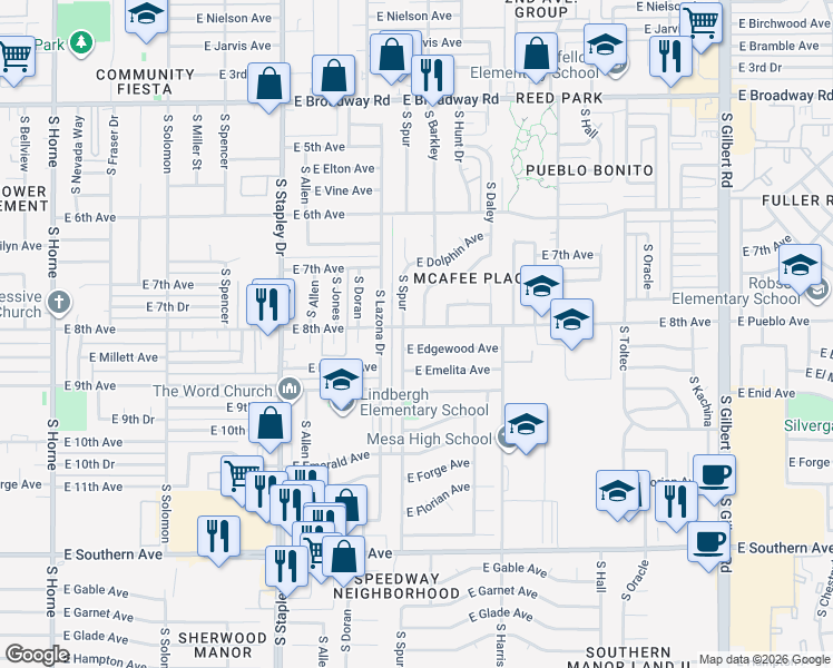 map of restaurants, bars, coffee shops, grocery stores, and more near 1427 East 8th Avenue in Mesa