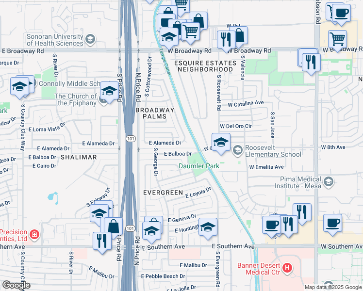 map of restaurants, bars, coffee shops, grocery stores, and more near 2417 East Alameda Drive in Tempe