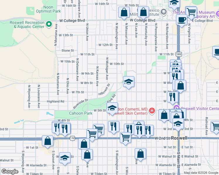 map of restaurants, bars, coffee shops, grocery stores, and more near 2 Hillcrest Street in Roswell
