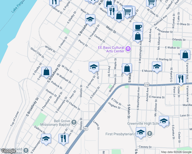 map of restaurants, bars, coffee shops, grocery stores, and more near 616 South Harvey Street in Greenville