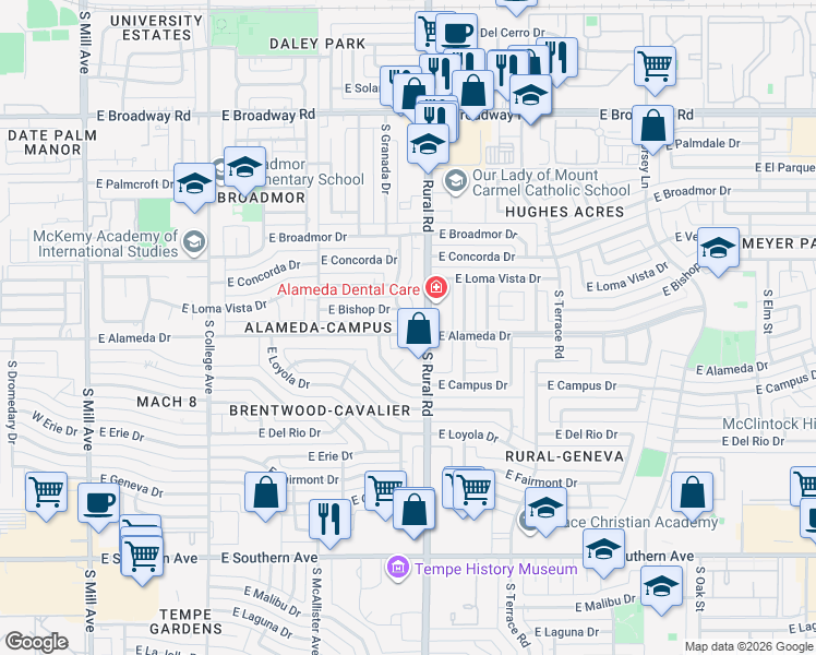 map of restaurants, bars, coffee shops, grocery stores, and more near 2617 South Palm Drive in Tempe