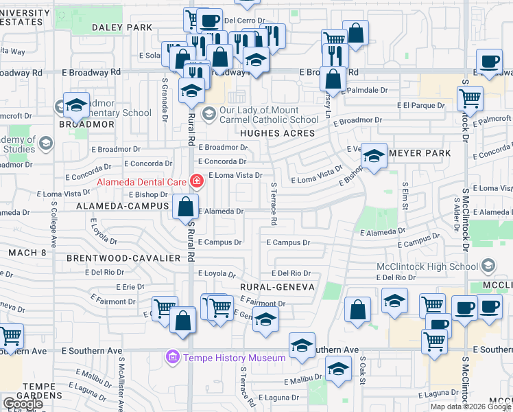 map of restaurants, bars, coffee shops, grocery stores, and more near 1044 East Alameda Drive in Tempe