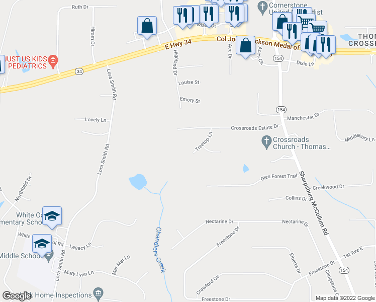 map of restaurants, bars, coffee shops, grocery stores, and more near 85 Treetop Lane in Newnan