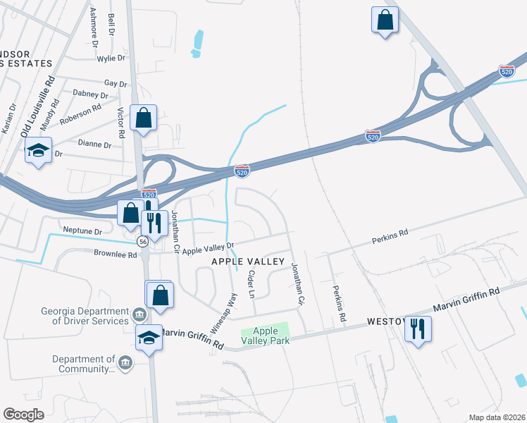map of restaurants, bars, coffee shops, grocery stores, and more near 3611 Jonathan Circle in Augusta
